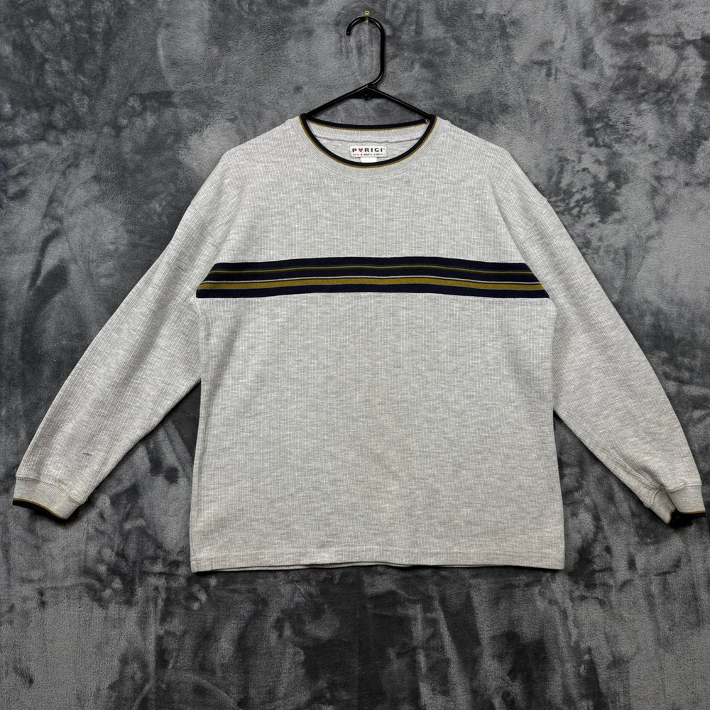 Purigi Thermal Shirt Mens XL Gray Long Sleeve Stripe Waffle Knit Crew Neck 90s